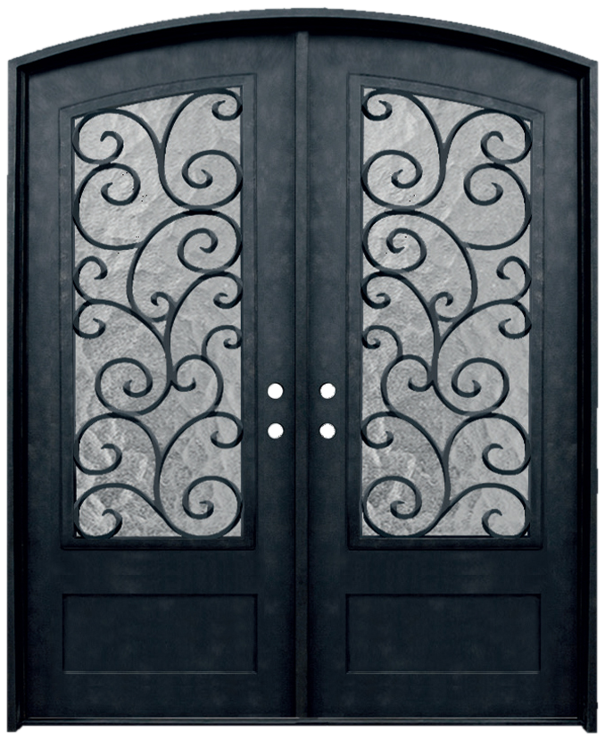 Artisan double iron door with hand-scrolled ironwork
