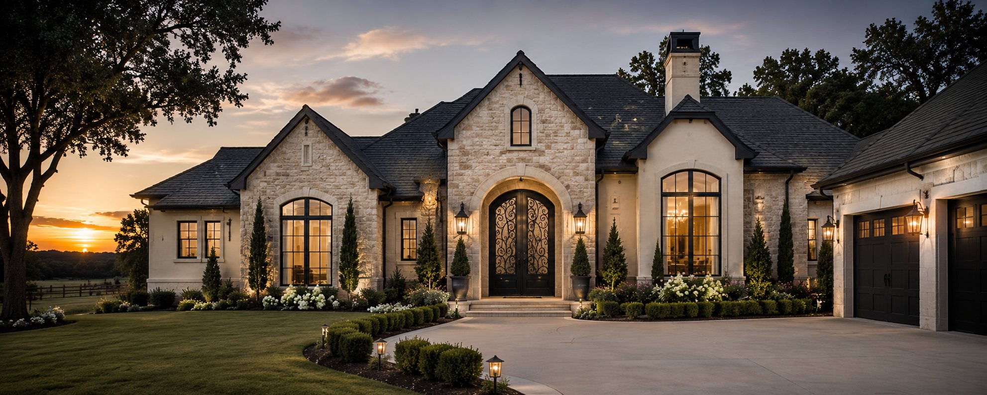 Stone home at dusk with a wrought-iron entry door and warm landscape lighting